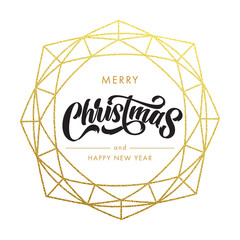 Wall Mural - Merry Christmas, Happy New Year gold glitter wreath, lettering trend modern design. Christmas greeting card, poster. Vector golden glittering gilding geometric gem ornament decoration white background