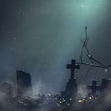 Horror Halloween Holiday. Tombstones And Graves In A Cemetery On A Moonlit Night