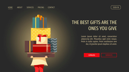 Web page design template for Christmas, New Year, Birthday, Gifts, holidays, Store and e-commerce. Woman with big stack of gift boxes. Vector illustration for poster, banner, flyer, website.