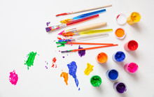 Colorful Finger Paints Set On White Color Background, Top View