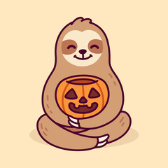 Poster - Cute cartoon sloth with Halloween pumpkin