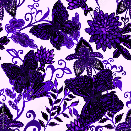 Creative seamless pattern with hand drawn fantasy flowers and butterflies. Tr...