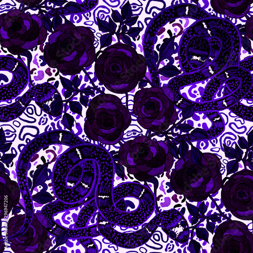 Creative seamless pattern with hand drawn roses and snakes on leopard print. ...
