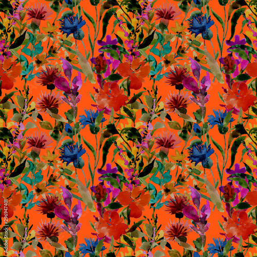 Watercolor seamless pattern with hand drawn flower. Vintage floral print. Bot...