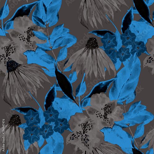 Watercolor seamless pattern with hand drawn meadow flowers. Vintage floral pa...