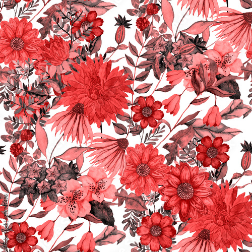 Watercolor seamless pattern with hand drawn meadow flowers. Vintage floral pa...