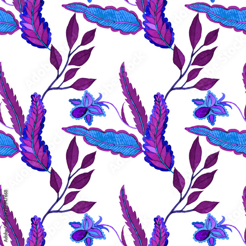 Watercolor seamless pattern with paisley flowers in arabic style. Floral deco...