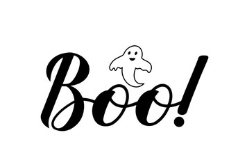 Wall Mural - Boo hand lettering with cute cartoon ghost isolated on white. Easy to edit vector template for Halloween greeting card, banner, typography poster, party invitation, t-shirt, etc.