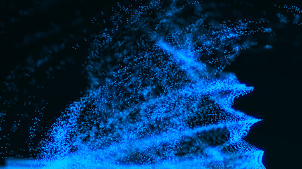 Big data concept visualization. Futuristic wave of glowing particles. Shine flares on dark background. Digital background. 3D rendering.