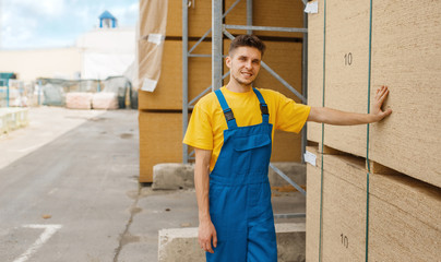 Wall Mural - Builder at the chipboard palletes, hardware store