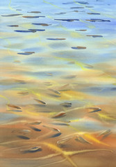  Sunny water with transparent waves and fishes watercolor background