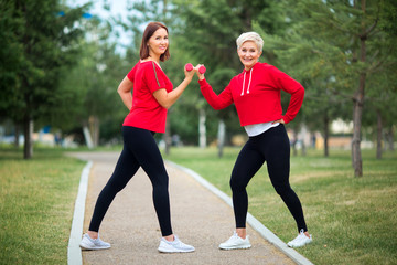 two beautiful adult women doing sports with dumbbells in summer park