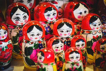 Colourful Russian Dolls in a market in Budapest (Hungary). Landscape format.