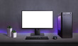 © Stanisic Vladimir - Gaming PC with isolated screen for mockup, app or game presentation. Modern case with RGB light, keyboard and mouse on desk.