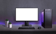 Gaming PC With Isolated Screen For Mockup, App Or Game Presentation. Modern Case With RGB Light, Keyboard And Mouse On Desk.