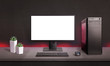 © Stanisic Vladimir - Gaming computer display isolated for mockup, game presentation. Red light on computer case and desk. PC gaming concept.