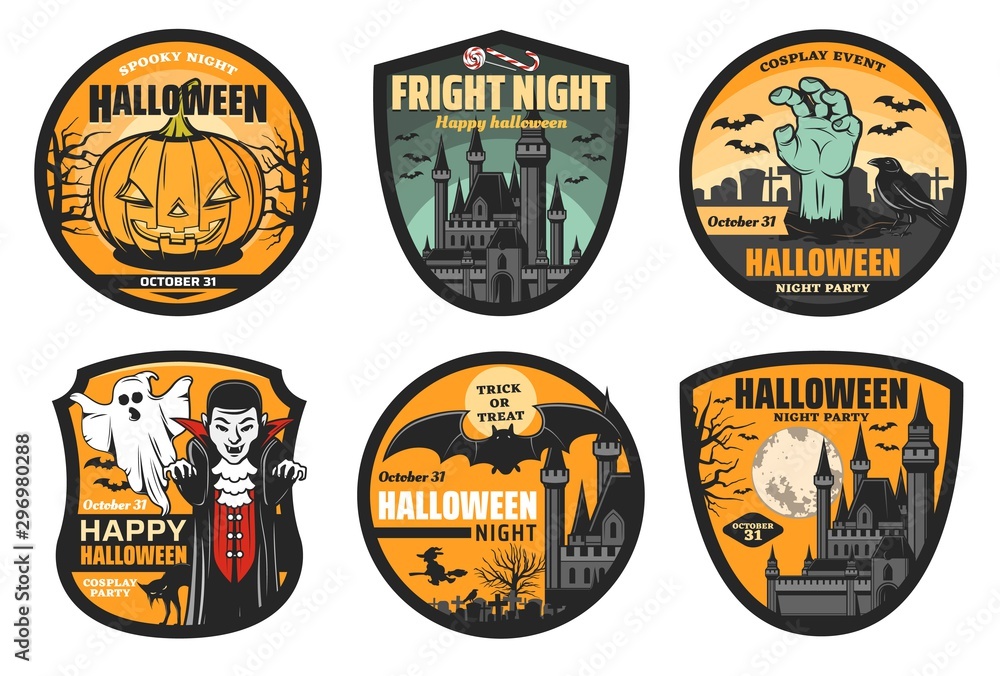 Halloween pumpkin, ghost, bat and vampire badges - obrazy, fototapety, plakaty 