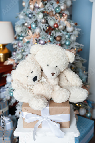 Christmas Mood Two White Toy Teddy Bears Against The Background Of A White Decorated Christmas Tree Waiting For A Miracle New Year Decorations Buy This Stock Photo And Explore Similar Images
