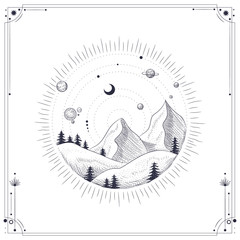 Vector illustration set of moon phases. Different stages of moonlight activity in vintage engraving style. Zodiac Signs