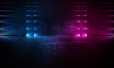 Wall Mural - empty background scene. dark street reflection on wet asphalt. rays of neon light in the dark, neon 