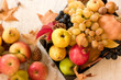 Seasonal fruit and vegetable, thanksgiving, harvest on table 