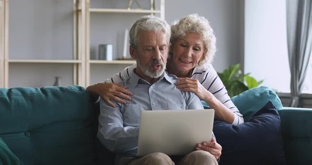 Happy older grandfather using laptop talk with grandmother at home