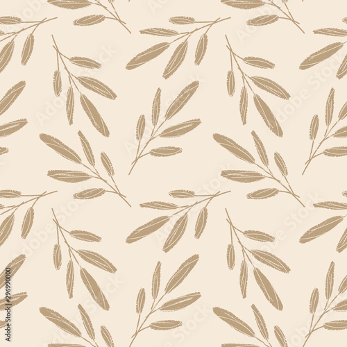 Tapety Beżowe hand-sketched-leaves-seamless-pattern-with-chalk-texture-floral-vector-background