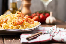 Tasty Pasta With Olive Oil And Fried Shrimps
