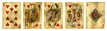 Hearts Suit Vintage Playing Cards, Set Include Ace, King, Queen, Jack And Ten - Isolated On White.