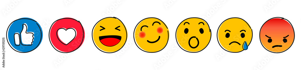 Set of Emoticons. Emoji social network reactions icon. Yellow smilies, set smiley emotion, by smilies, cartoon emoticons - stock vector - obrazy, fototapety, plakaty 