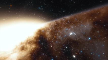 Wall Mural - camera on spaceship flies at the speed of light through a galaxy in space. billions of stars in the 
