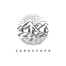 Nature View Illustration With Line Art Style Logo Design Template