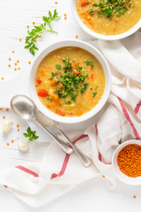 Canvas Print - Vegetarian vegetable lentil soup with fresh parsley, healthy eating, top view