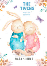 Cute Watercolor Twins Bunny Birthday Greeting Cards,posters For Baby Room, Baby Shower, Invite, Kids And Baby T-shirts And Wear. Hand Drawn Nursery Illustration. Funny Animal And Cotton