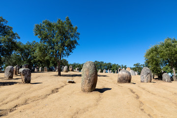 Granite standing stone, menhir, with other megalithic and neolithic standing stones at the Almendres Cromlech near Evora, Portugal