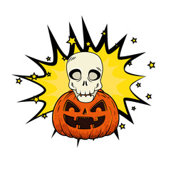 Sticker - halloween pumpkin with skull pop art style vector illustration design