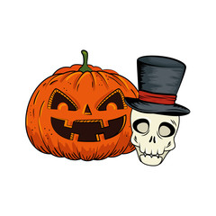 Sticker - halloween pumpkin and skull with hat wizard pop art style vector illustration design