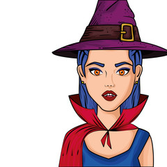 Canvas Print - young woman disguised of vampire with hat witch style pop art vector illustration design