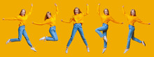 Collage Of Joyful Girl Jumping In Air Over Orange Background
