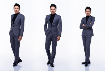 Full Length Snap Figure, Asian Business Man Stand in dark Black proper Suit pants and shoes, studio lighting white background isolated, Tanned Male Model pose many act, collage group pack 360