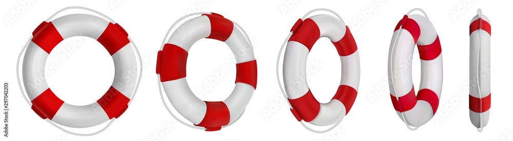 3d rescue life belt illustrations. 5 different perspectives of lifeboat, buoy. Realistic vetor illustration collection. Set of lifeline icons isolated. - obrazy, fototapety, plakaty 