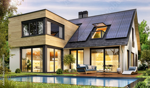 Cuadros en Lienzo Modern house with solar panels and pool
