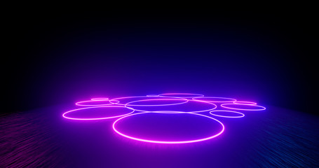 3d Render. Geometric figure in neon light against a dark tunnel. Laser glow. Neon backgrounds