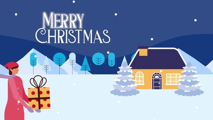 Wall Mural - happy merry christmas card with people in snowscape