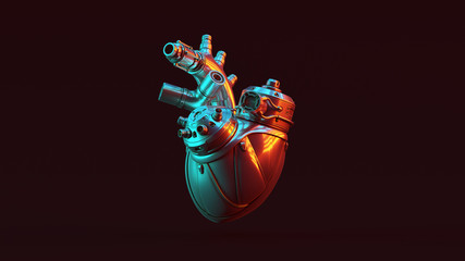 Silver Artificial Cyborg Heart with Red Orange and Blue Green Moody 80s lighting Front 3d illustration 3d render