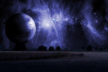 Wall Mural - the stars in the sky above the wild nature field landscape. elements of this image furnished by nasa
