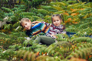 Happy children on vacation in the autumn forest . Brother and sister on autumn walk