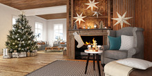 New Year Tree In Scandinavian Style Interior With Christmas Decoration And Fireplace