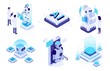 © Tartila - Isometric artificial intelligence. Digital brain neural network, AI servers and robots technology, artificial bot mind and intelligent robotic building. Isolated vector illustration icons set