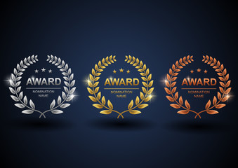 set of gold, silver and bronze laurel wreath. winner label, leaf symbol victory with blue background